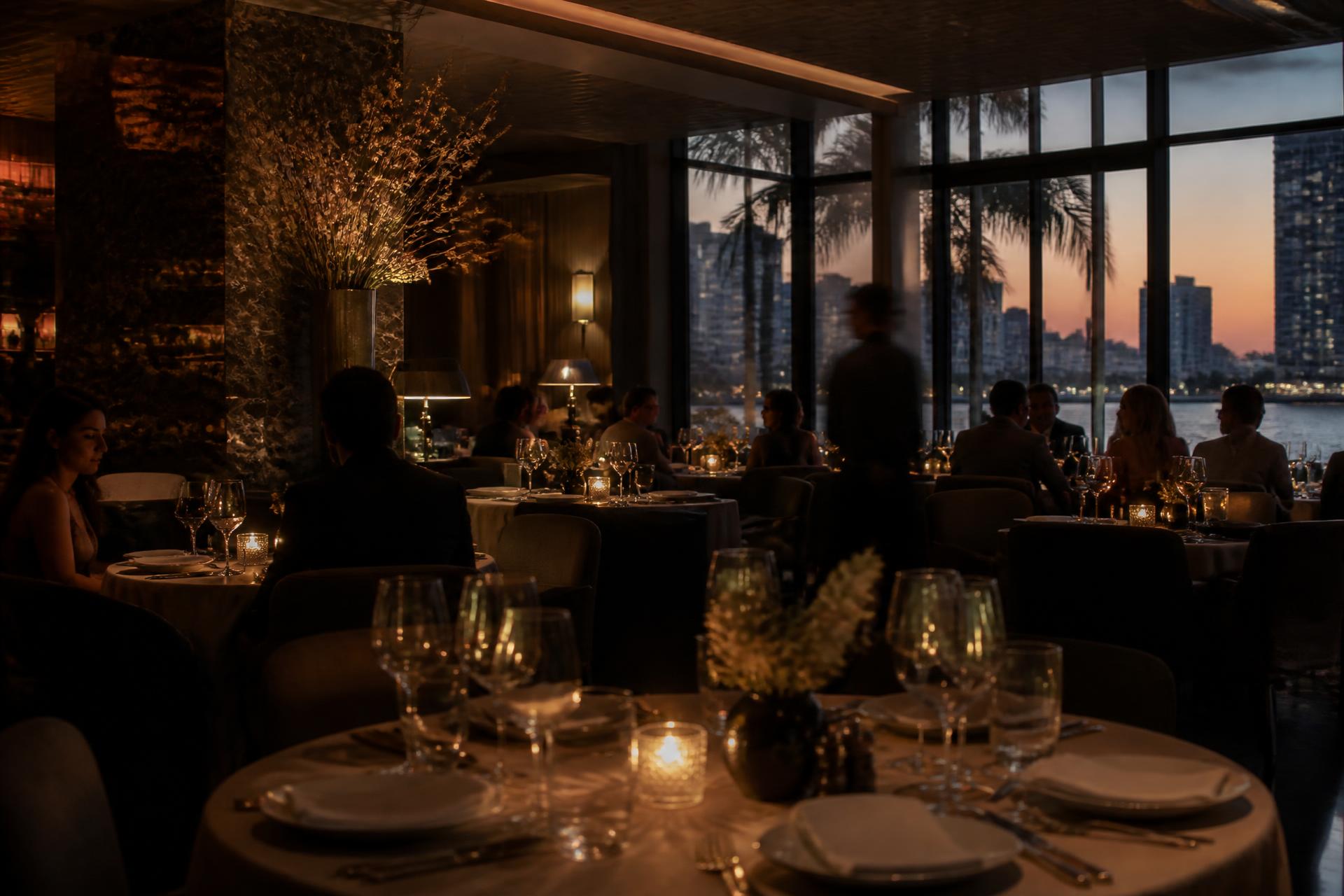 Luxury restaurant dining room at dusk